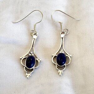 VTG Solid Sterling Silver 925 Onyx Bezel Set Dangle Earrings Size 1'' Length